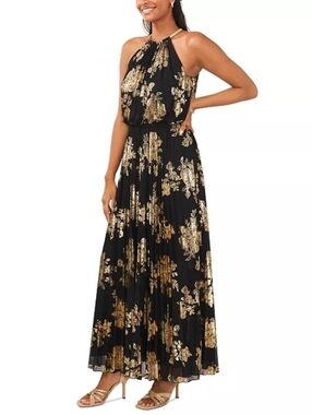 MSK Gold Floral Halter Maxi Dress - Black & Gold Size 20 Plus